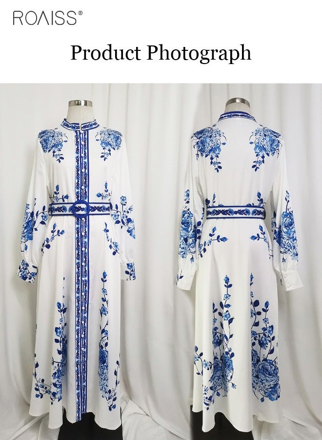 roaiss Women's Muslim Printed Dress Stand Up Collar Long Sleeve Cuffs with Tightening Design Waist Belt Tightened Ankle Length Holiday Dress  for Ladies Ramadan Eid al-Adha  - Image 4