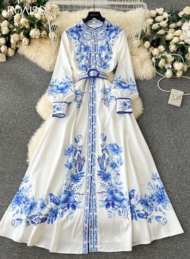 roaiss Women's Muslim Printed Dress Stand Up Collar Long Sleeve Cuffs with Tightening Design Waist Belt Tightened Ankle Length Holiday Dress  for Ladies Ramadan Eid al-Adha  - Image 5