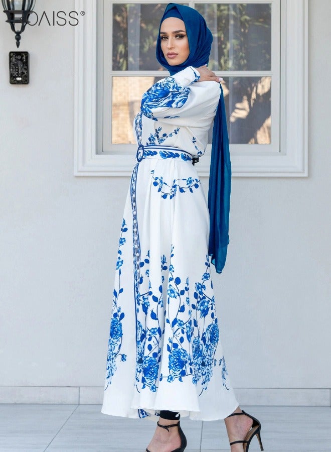 roaiss Women's Muslim Printed Dress Stand Up Collar Long Sleeve Cuffs with Tightening Design Waist Belt Tightened Ankle Length Holiday Dress  for Ladies Ramadan Eid al-Adha  - Image 3