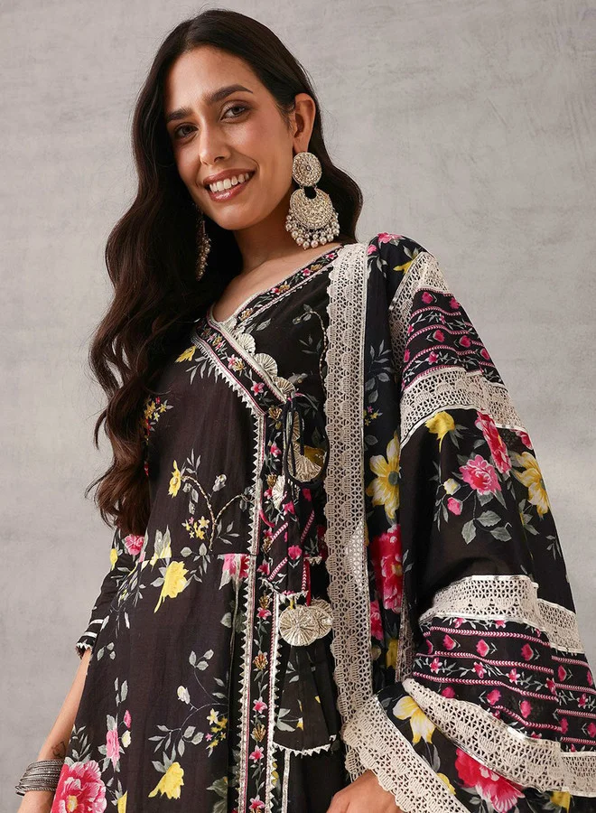 ISHIN Women's Black Cotton Self Designed Tunic Upper Full Length Palazzo Bottom Regular Fit 3 Piece Kurta Set