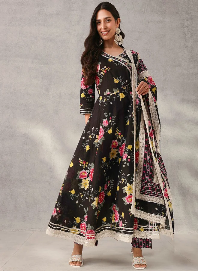 ISHIN Women's Black Cotton Self Designed Tunic Upper Full Length Palazzo Bottom Regular Fit 3 Piece Kurta Set
