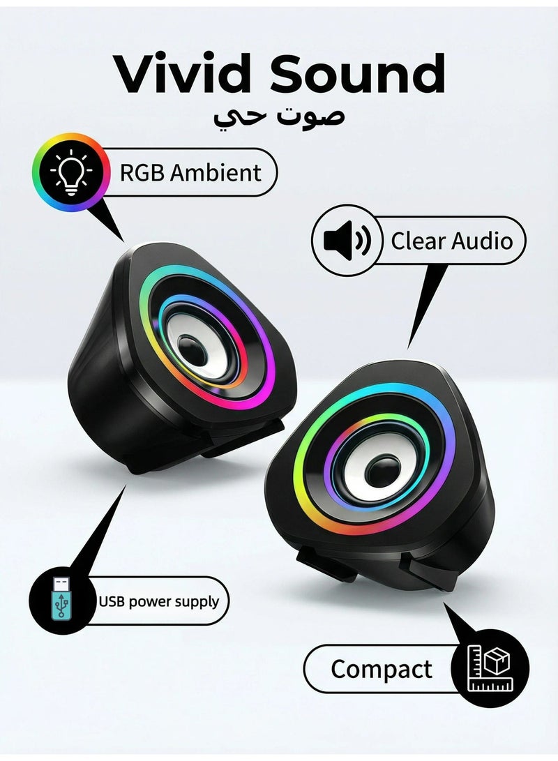 Flushrenic Computer speaker USB computer speaker, 2.0 game speaker color light suitable for desktop computers, laptops, and mobile phones USB powered PC game speaker 3.5mm auxiliary input single size (4.02x2.52x3.94 inches) x2 - Image 1