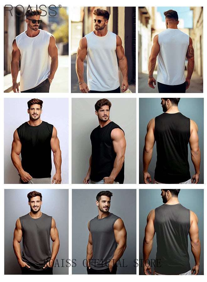 roaiss 4 Pack Ice Silk Fishing Sun Vest for Men Crew Neck Loose Versatile Ultra Thin Mesh Breathable Tank Top Moisture Wicking Quick Drying Sports Fitness Waistcoat Non-sticky Skin - Image 4