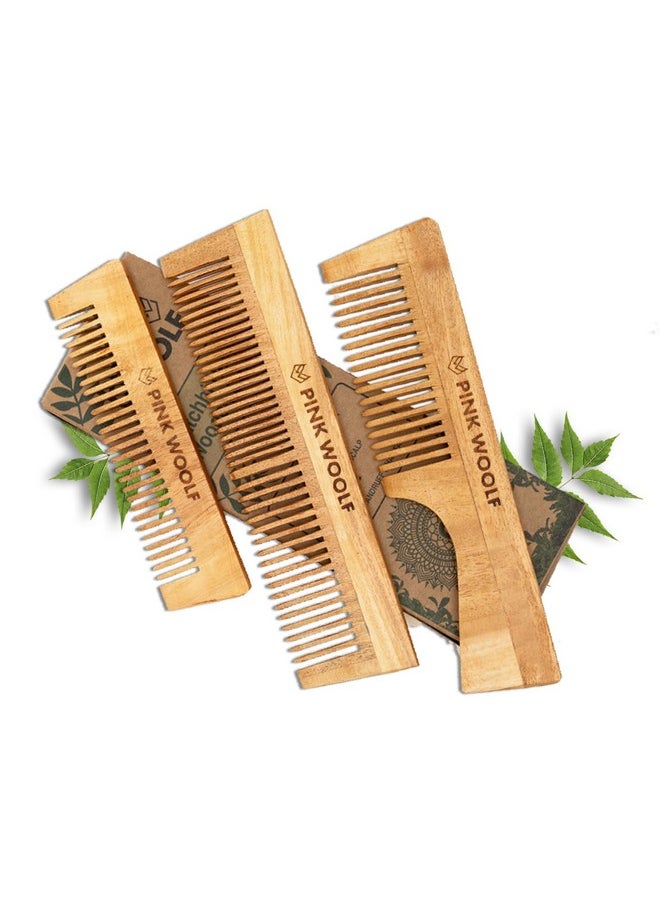 PINK WOOLF Handmade Neem Wooden Comb Comb, Women & Men, Natural And Eco-Friendly, Anti-Bacterial Hair Styling Comb With Fine & Wide Teeth Comb, Three Comb Combo  - Image 1