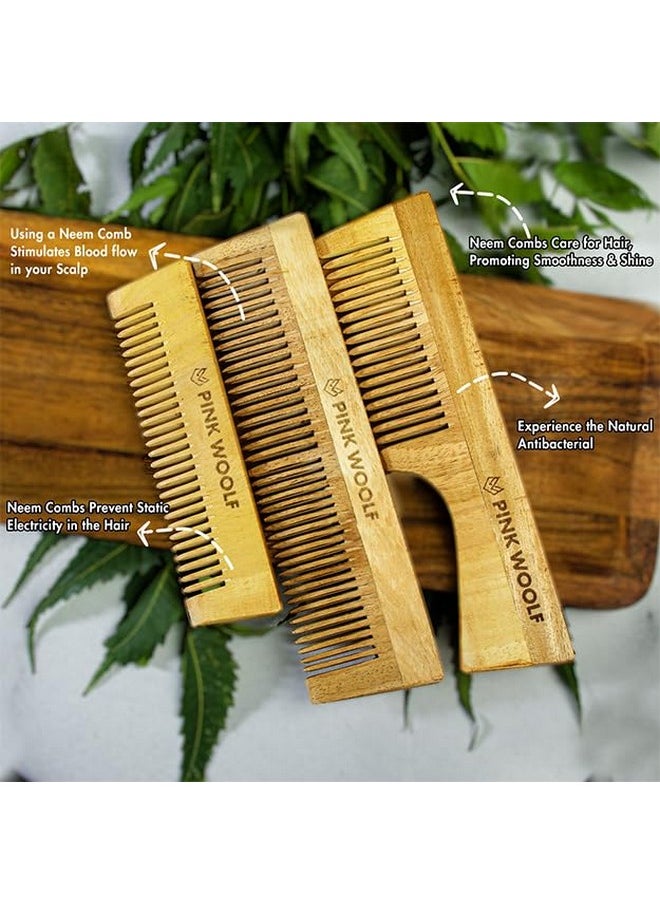 PINK WOOLF Handmade Neem Wooden Comb Comb, Women & Men, Natural And Eco-Friendly, Anti-Bacterial Hair Styling Comb With Fine & Wide Teeth Comb, Three Comb Combo  - Image 2