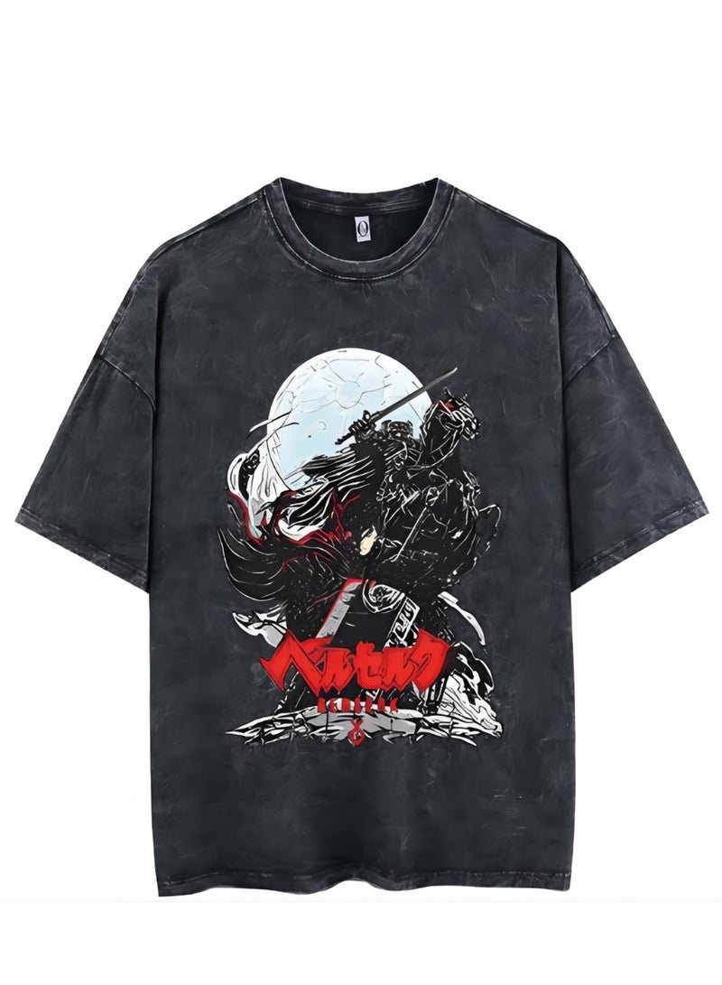 New old dark anime print street retro t-shirt trendy round neck short-sleeved men's t-shirt - Image 1