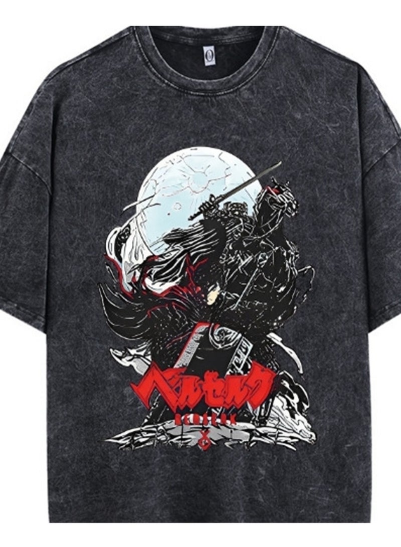 New old dark anime print street retro t-shirt trendy round neck short-sleeved men's t-shirt - Image 4