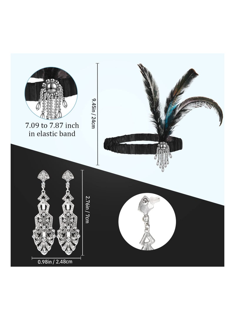 كابتن تيك 1920s Vintage Flapper Costume Accessories Set Includes Elegant Headband Earrings Gloves Chic Pearl Necklace Feather Fan Perfect for Gatsby Themed Parties - Image 2