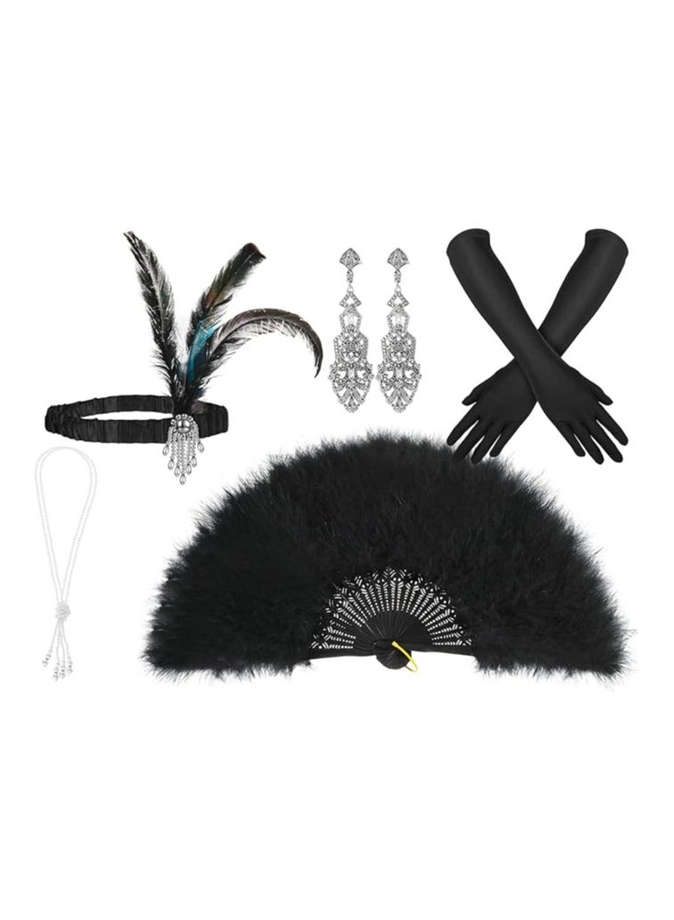 كابتن تيك 1920s Vintage Flapper Costume Accessories Set Includes Elegant Headband Earrings Gloves Chic Pearl Necklace Feather Fan Perfect for Gatsby Themed Parties - Image 1
