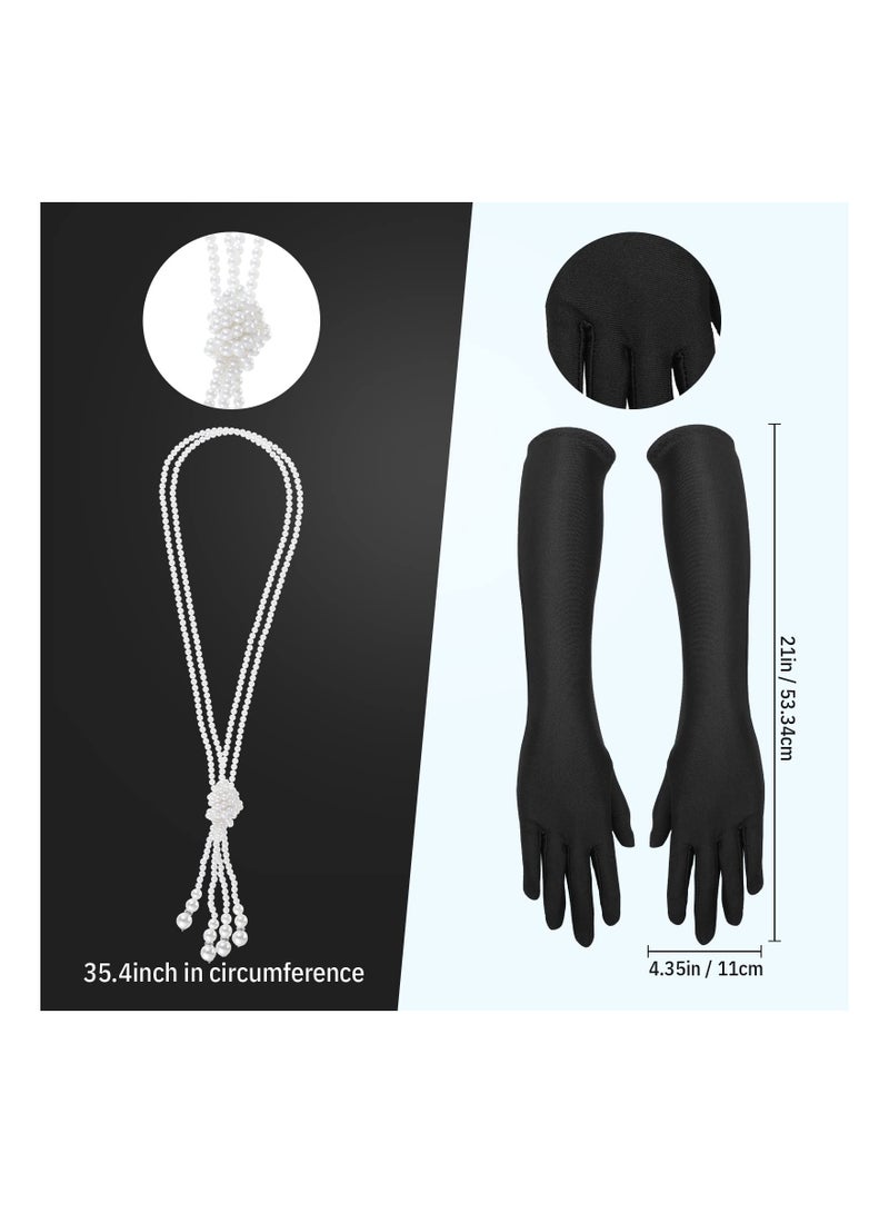 كابتن تيك 1920s Vintage Flapper Costume Accessories Set Includes Elegant Headband Earrings Gloves Chic Pearl Necklace Feather Fan Perfect for Gatsby Themed Parties - Image 3