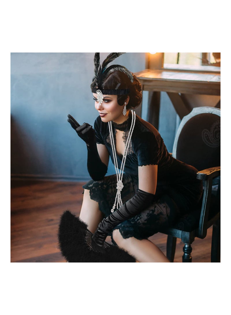 كابتن تيك 1920s Vintage Flapper Costume Accessories Set Includes Elegant Headband Earrings Gloves Chic Pearl Necklace Feather Fan Perfect for Gatsby Themed Parties - Image 4