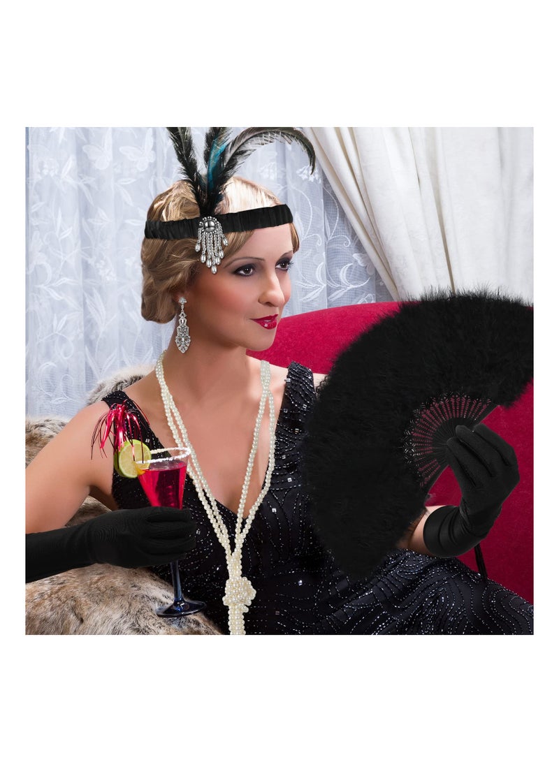 كابتن تيك 1920s Vintage Flapper Costume Accessories Set Includes Elegant Headband Earrings Gloves Chic Pearl Necklace Feather Fan Perfect for Gatsby Themed Parties - Image 5