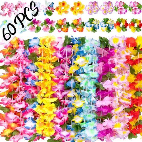 Moon Boat 60 Pieces Hawaiian Luau Leis Tropical Tiki Hibiscus Flowers for Summer Pool Party Favors Supplies Decorations 10 Styles - Image 1