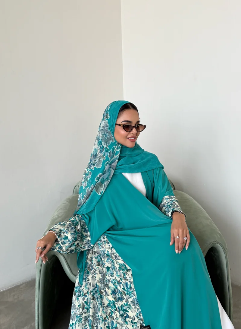 Lusin Abaya Tiffany indian Silk Abaya with Floral-Print Back, Sleeves & Veil