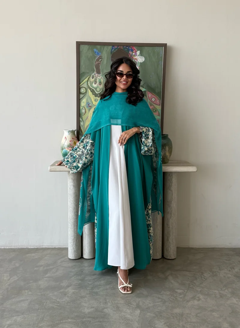 Lusin Abaya Tiffany indian Silk Abaya with Floral-Print Back, Sleeves & Veil