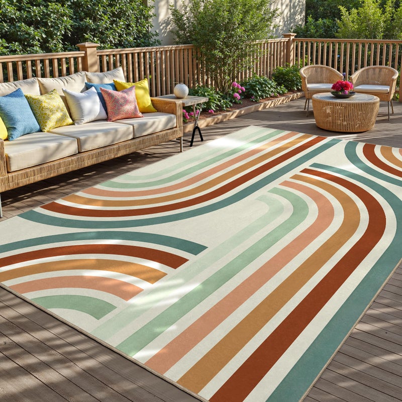 Arenarug Indoor Outdoor Area Rug, Mid Century Modern Multicolored Outdoor Patio Rug,Washable Abstract Art Rainbow Rugs Non-Slip Carpet for Camping, Bedroom, Deck(5x8) - Image 1
