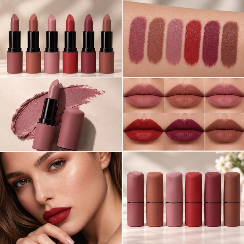 6-Piece Velvet Matte Lipstick Set | Waterproof Long-Lasting Nude & Dark Shade Lip Sticks | Highly Pigmented Soft Matte Lip Balm Finish | Beauty Cosmetics Gift Set for Women - Image 5
