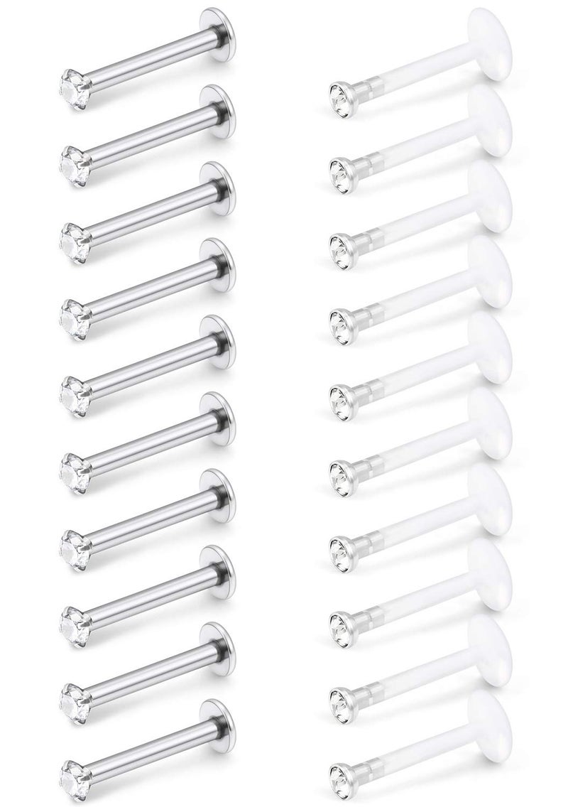 SCERRING 20PCS 16G 8mm Acrylic & Stainless Steel Labret Monroe Lip Ring Tragus Nail Helix Earring Stud Piercing Jewelry with 2mm 4-Prong-Setting Clear CZ - Image 1