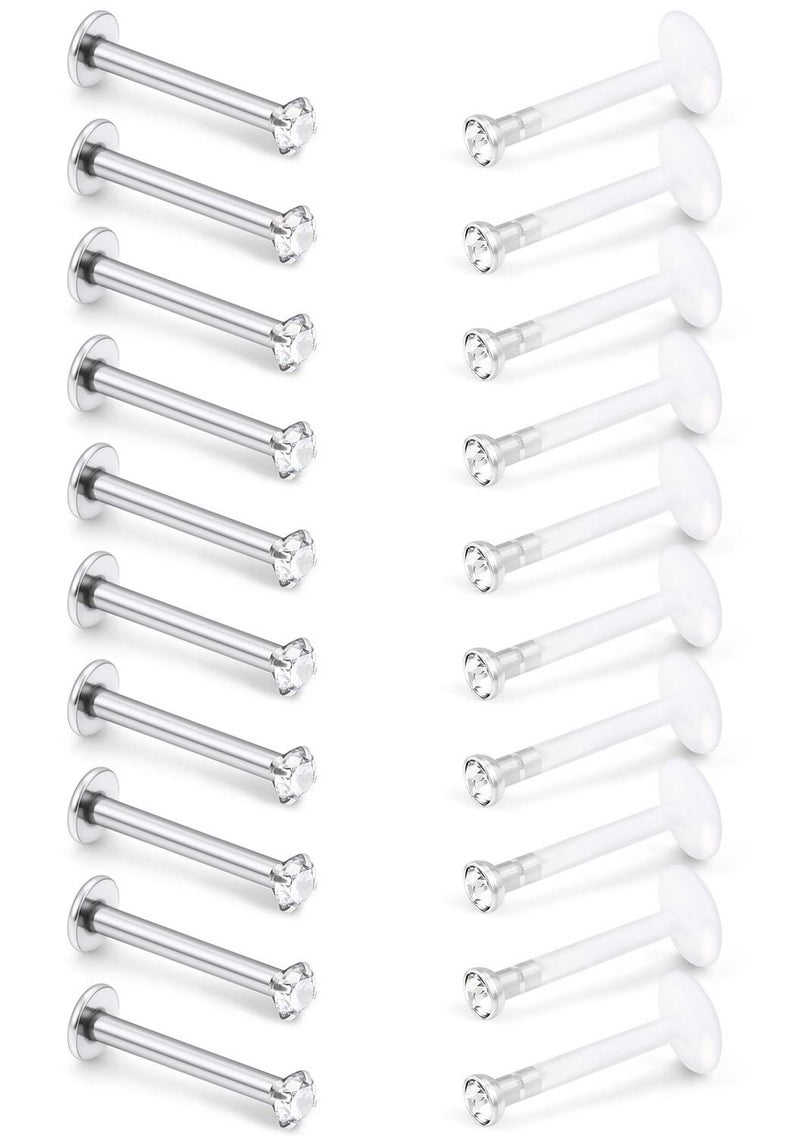 SCERRING 20PCS 16G 8mm Acrylic & Stainless Steel Labret Monroe Lip Ring Tragus Nail Helix Earring Stud Piercing Jewelry with 2mm 4-Prong-Setting Clear CZ - Image 3