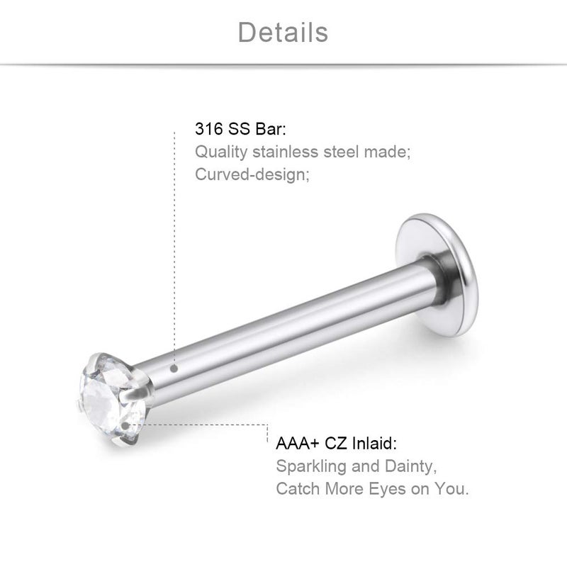 SCERRING 20PCS 16G 8mm Acrylic & Stainless Steel Labret Monroe Lip Ring Tragus Nail Helix Earring Stud Piercing Jewelry with 2mm 4-Prong-Setting Clear CZ - Image 2