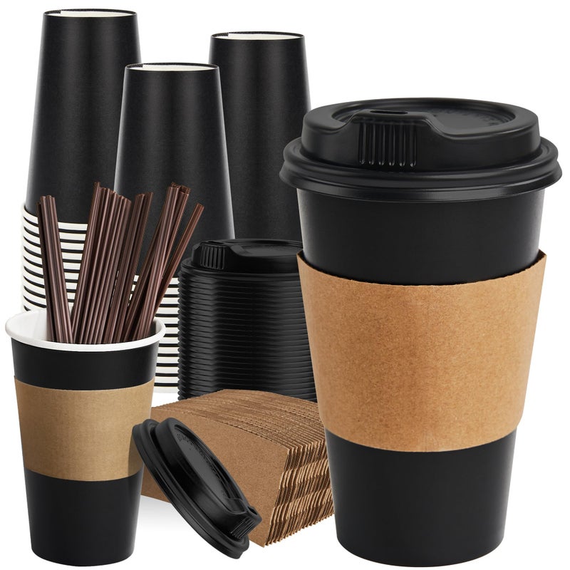 RACETOP 16 oz Paper Coffee Cups, 100 Pack Black Disposable Coffee Cups with Lids, Sleeves and Stirring Sticks, 16 oz Hot Coffee Cup for Hot Drinks, Parties, Picnic, Travel, and Events - Image 1