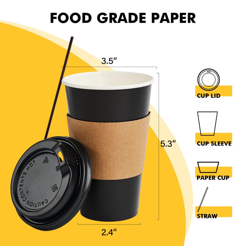 RACETOP 16 oz Paper Coffee Cups, 100 Pack Black Disposable Coffee Cups with Lids, Sleeves and Stirring Sticks, 16 oz Hot Coffee Cup for Hot Drinks, Parties, Picnic, Travel, and Events - Image 2