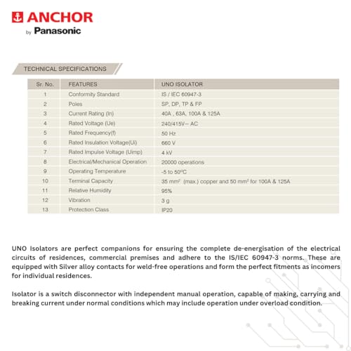 Anchor by Panasonic UNO Polycarbonate Series 63Amps Dual Pole Isolator (White) - Image 5