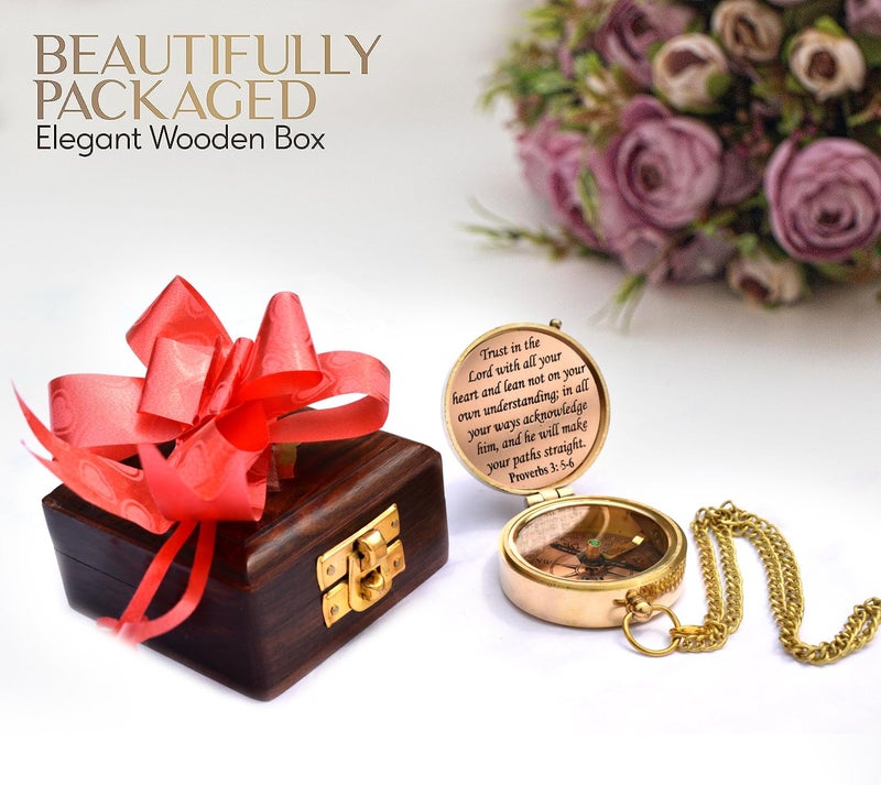 TA dizayn Trust in The Lord with All Your Heart -Proverbs 3: 5-6 Quote Engraved Compass with Wooden Box,Camping Compass, Gift Compass, Graduation Day Gifts 2025 Compass for Women Mens Boy Girls - Image 5