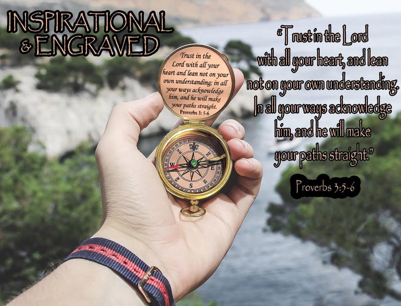 TA dizayn Trust in The Lord with All Your Heart -Proverbs 3: 5-6 Quote Engraved Compass with Wooden Box,Camping Compass, Gift Compass, Graduation Day Gifts 2025 Compass for Women Mens Boy Girls - Image 4