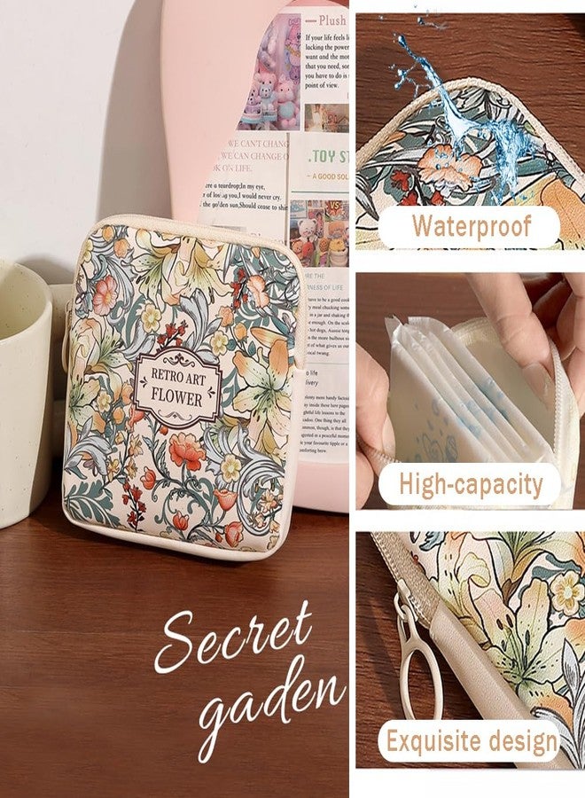 OULIGET Sanitary Napkin Storage Bags,Portable Menstrual Cup Nursing Pad Tampon Storage Pouch,Leather Oil Painting Flower Travel Makeup Bags Coin Purse Sundries Pouch with Zipper - Image 2