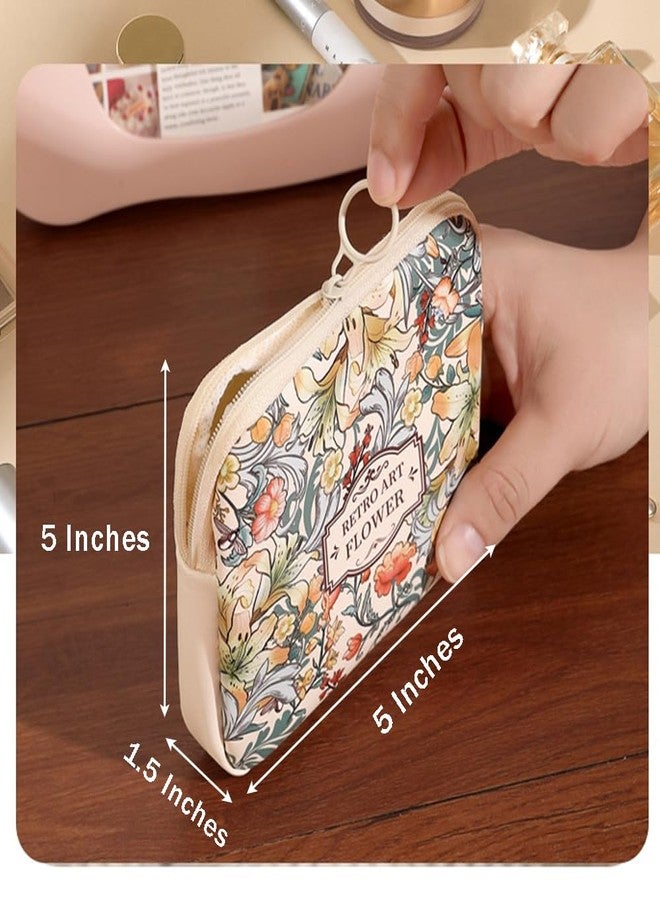 OULIGET Sanitary Napkin Storage Bags,Portable Menstrual Cup Nursing Pad Tampon Storage Pouch,Leather Oil Painting Flower Travel Makeup Bags Coin Purse Sundries Pouch with Zipper - Image 5