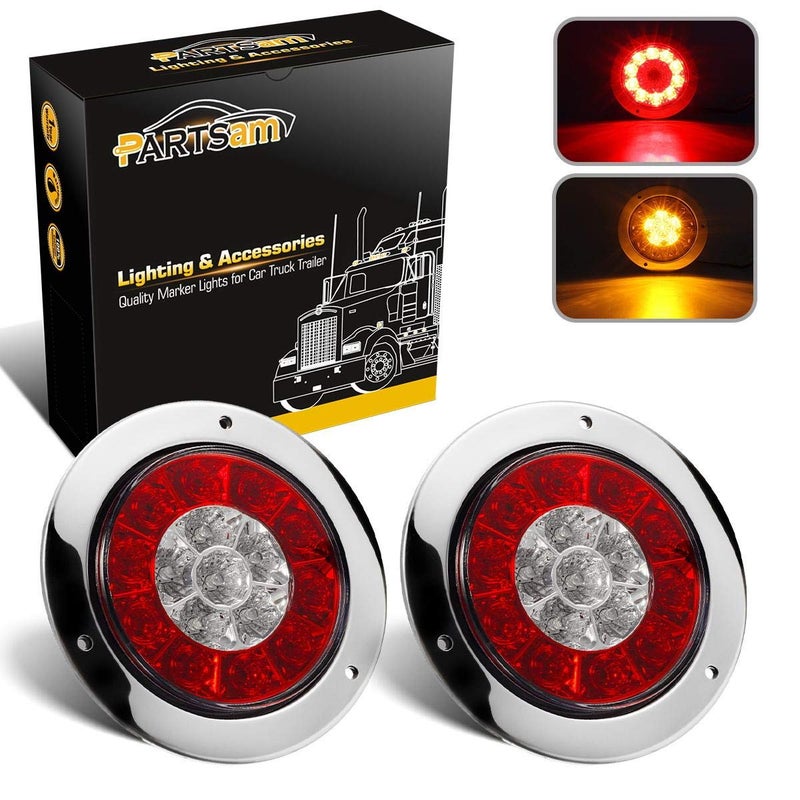 Partsam 4" Inch Round Truck Trailer Led Tail Stop Brake Lights Taillights Running Red and Amber Parking Turn Signal Lights, Sealed Dual Color Round Led Lights w/Miro-reflectors Flange Mount (2Pack) - Image 1