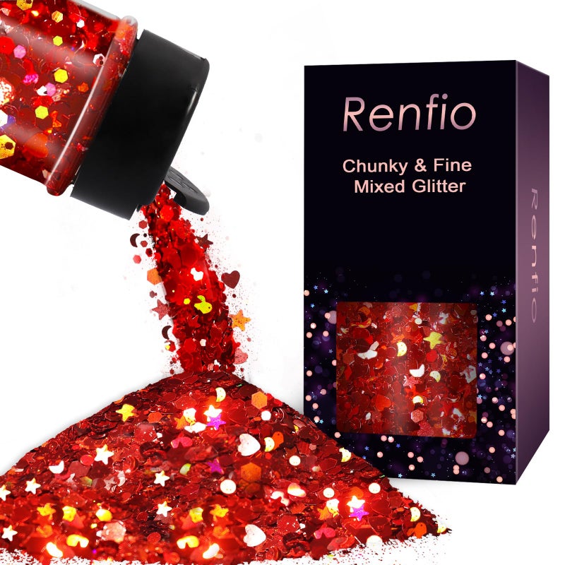 Renfio Mixed Shapes Confetti, Star Confetti Holographic Chunky Glitter, 1.75oz/50g Red Glitter Heart Moon Circle Sequins Valentines Glitter for Crafts for Nail Art Resin Tumblers - Crimson Starryscape - Image 1
