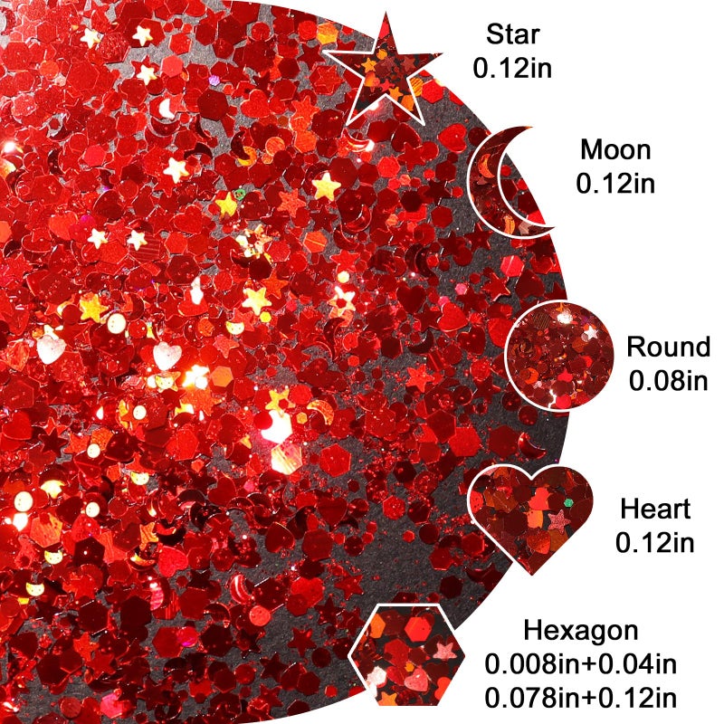 Renfio Mixed Shapes Confetti, Star Confetti Holographic Chunky Glitter, 1.75oz/50g Red Glitter Heart Moon Circle Sequins Valentines Glitter for Crafts for Nail Art Resin Tumblers - Crimson Starryscape - Image 2