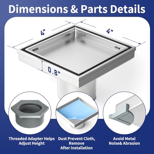 Bernkot Square Shower Drain 4" with 2" PVC Flange Base, 304 Stainless Steel Tile in Floor Drain w/Tiled Insert Grate & Hair Catcher, CUPC Certified, Brushed (Brushed, 4'') - Image 4