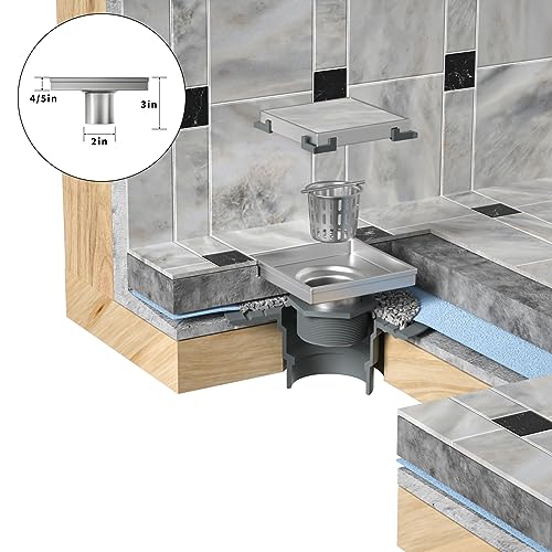 Bernkot Square Shower Drain 4" with 2" PVC Flange Base, 304 Stainless Steel Tile in Floor Drain w/Tiled Insert Grate & Hair Catcher, CUPC Certified, Brushed (Brushed, 4'') - Image 5