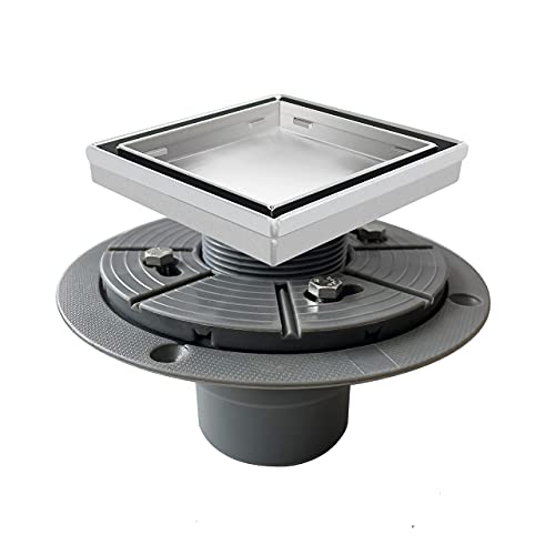 Bernkot Square Shower Drain 4" with 2" PVC Flange Base, 304 Stainless Steel Tile in Floor Drain w/Tiled Insert Grate & Hair Catcher, CUPC Certified, Brushed (Brushed, 4'') - Image 1