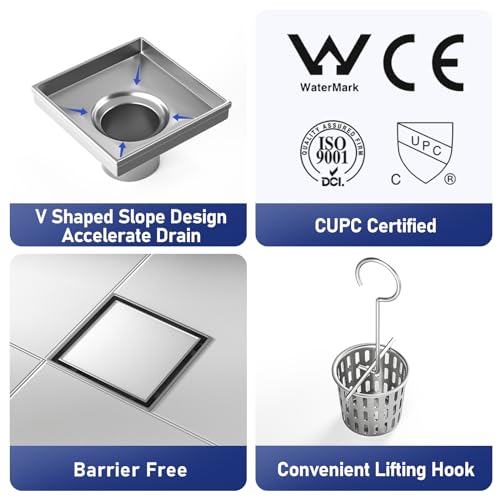 Bernkot Square Shower Drain 4" with 2" PVC Flange Base, 304 Stainless Steel Tile in Floor Drain w/Tiled Insert Grate & Hair Catcher, CUPC Certified, Brushed (Brushed, 4'') - Image 2