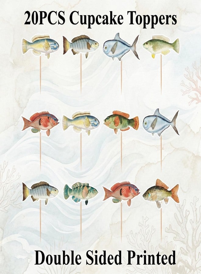Mowane Birthday Decorations, 20Pcs 2 Side Fish Cupcake Toppers Fishing for Fish Theme Party Baby Shower Tropical Party Cake Picks Under The Sea Decoration Supplies (20 pcs) - Image 4