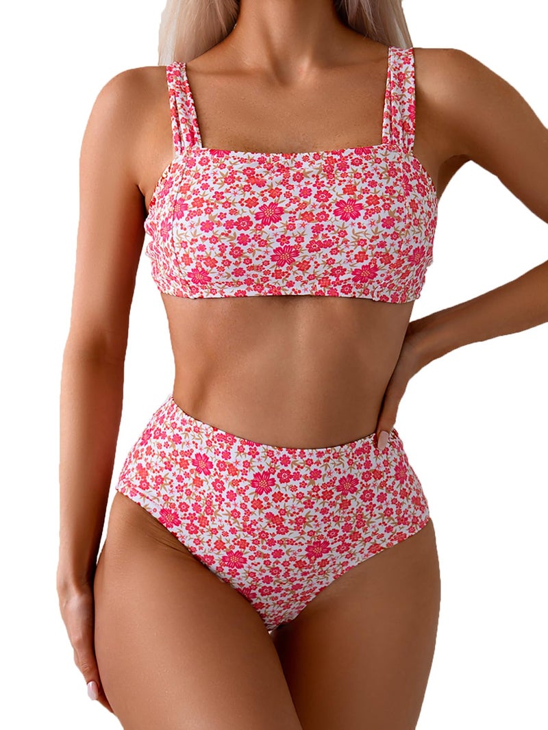 Fanuerg Women's High Waisted Bikini Sets Wide Straps Two Piece Swimsuit Hot Pink Floral Print Bathing Suits M - Image 1