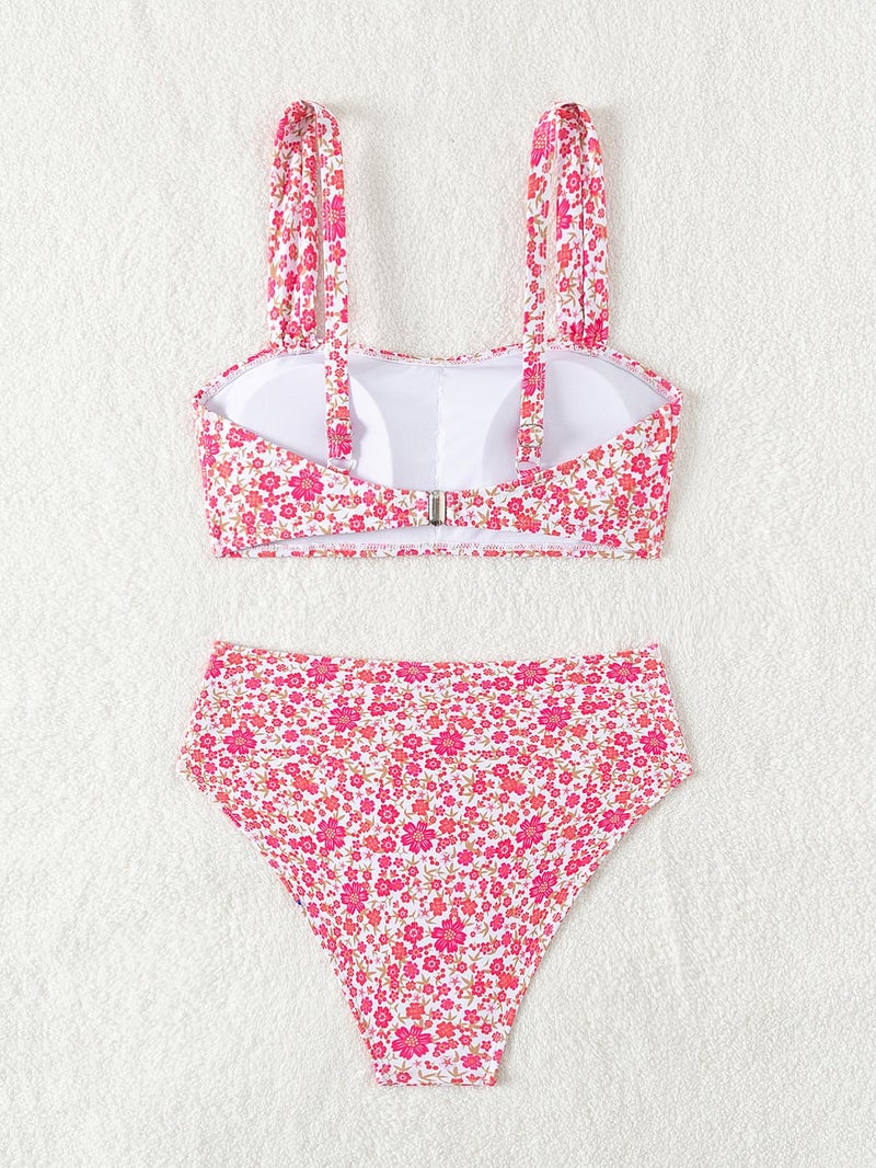 Fanuerg Women's High Waisted Bikini Sets Wide Straps Two Piece Swimsuit Hot Pink Floral Print Bathing Suits M - Image 5