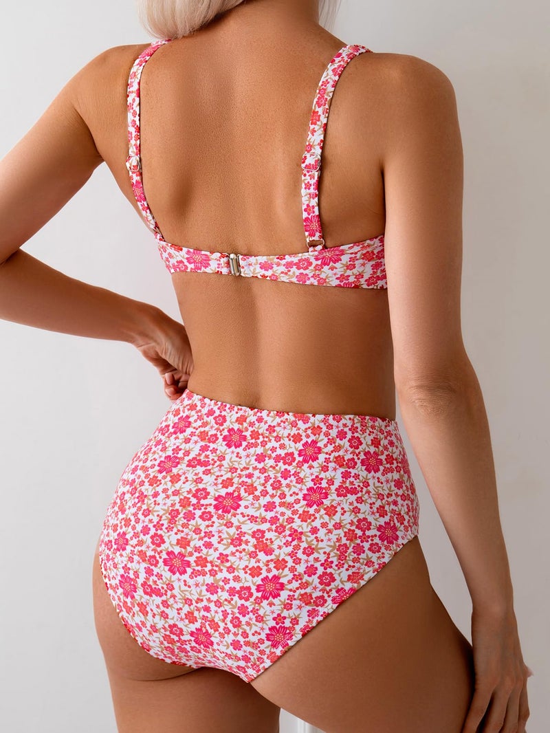 Fanuerg Women's High Waisted Bikini Sets Wide Straps Two Piece Swimsuit Hot Pink Floral Print Bathing Suits M - Image 4