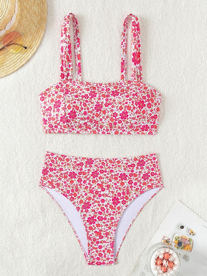 Fanuerg Women's High Waisted Bikini Sets Wide Straps Two Piece Swimsuit Hot Pink Floral Print Bathing Suits M - Image 3