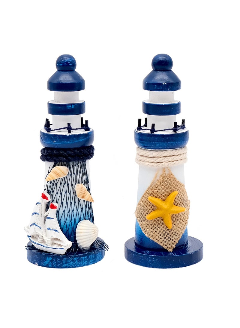 SYOSI - Handmade Nautical Lighthouse Decoration, 1 PCS Mini Lighthouse Model Decoration Wooden Miniature Lighthouse Home Desk Room Decor Set, Beach Nautical Design, Navy Blue and White - Image 1