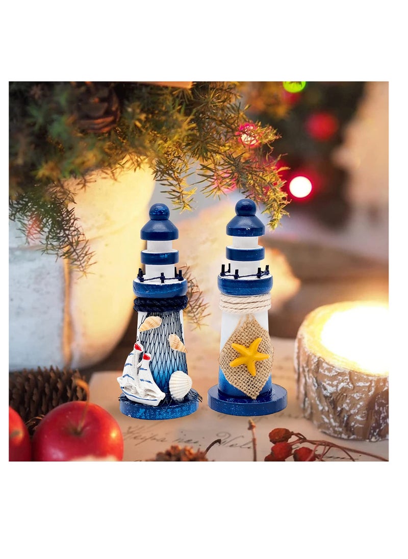 SYOSI - Handmade Nautical Lighthouse Decoration, 1 PCS Mini Lighthouse Model Decoration Wooden Miniature Lighthouse Home Desk Room Decor Set, Beach Nautical Design, Navy Blue and White - Image 1