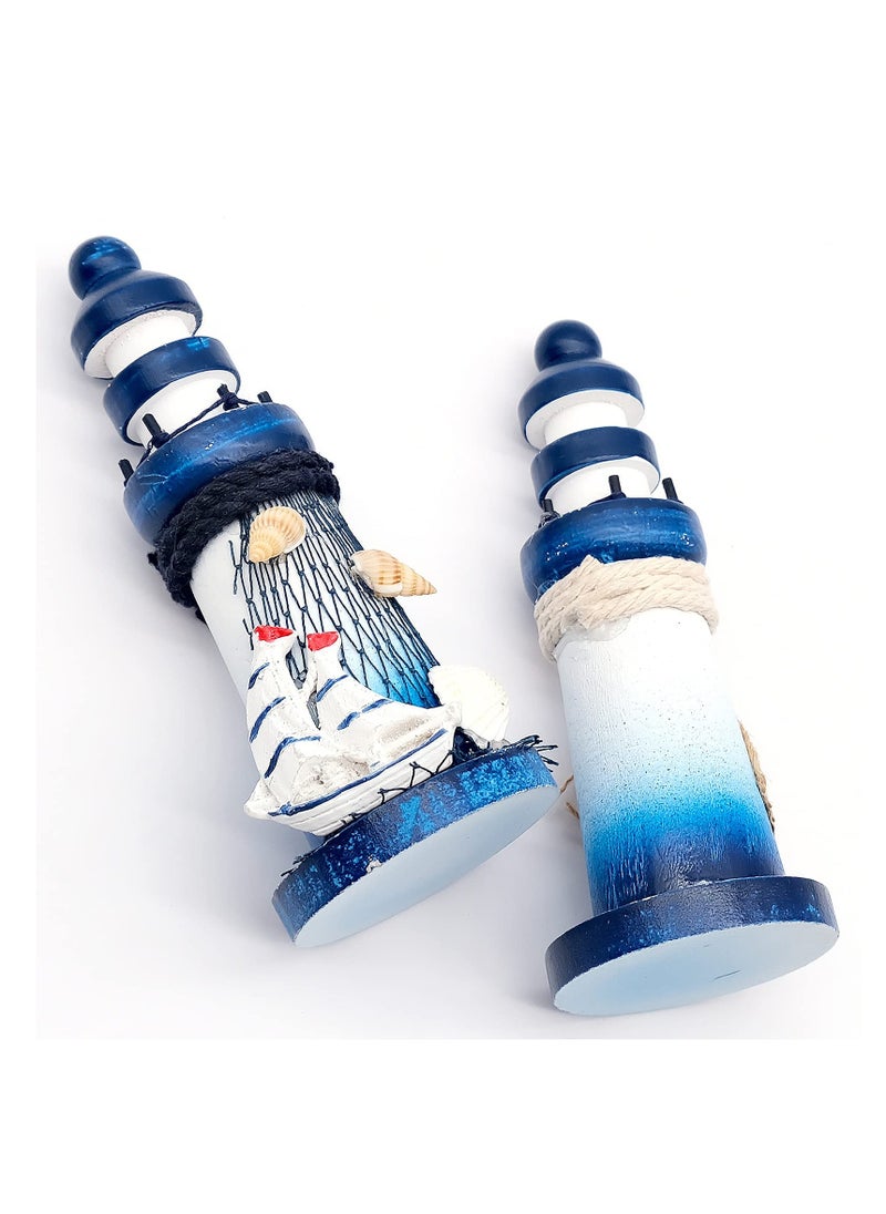 SYOSI - Handmade Nautical Lighthouse Decoration, 1 PCS Mini Lighthouse Model Decoration Wooden Miniature Lighthouse Home Desk Room Decor Set, Beach Nautical Design, Navy Blue and White - Image 1