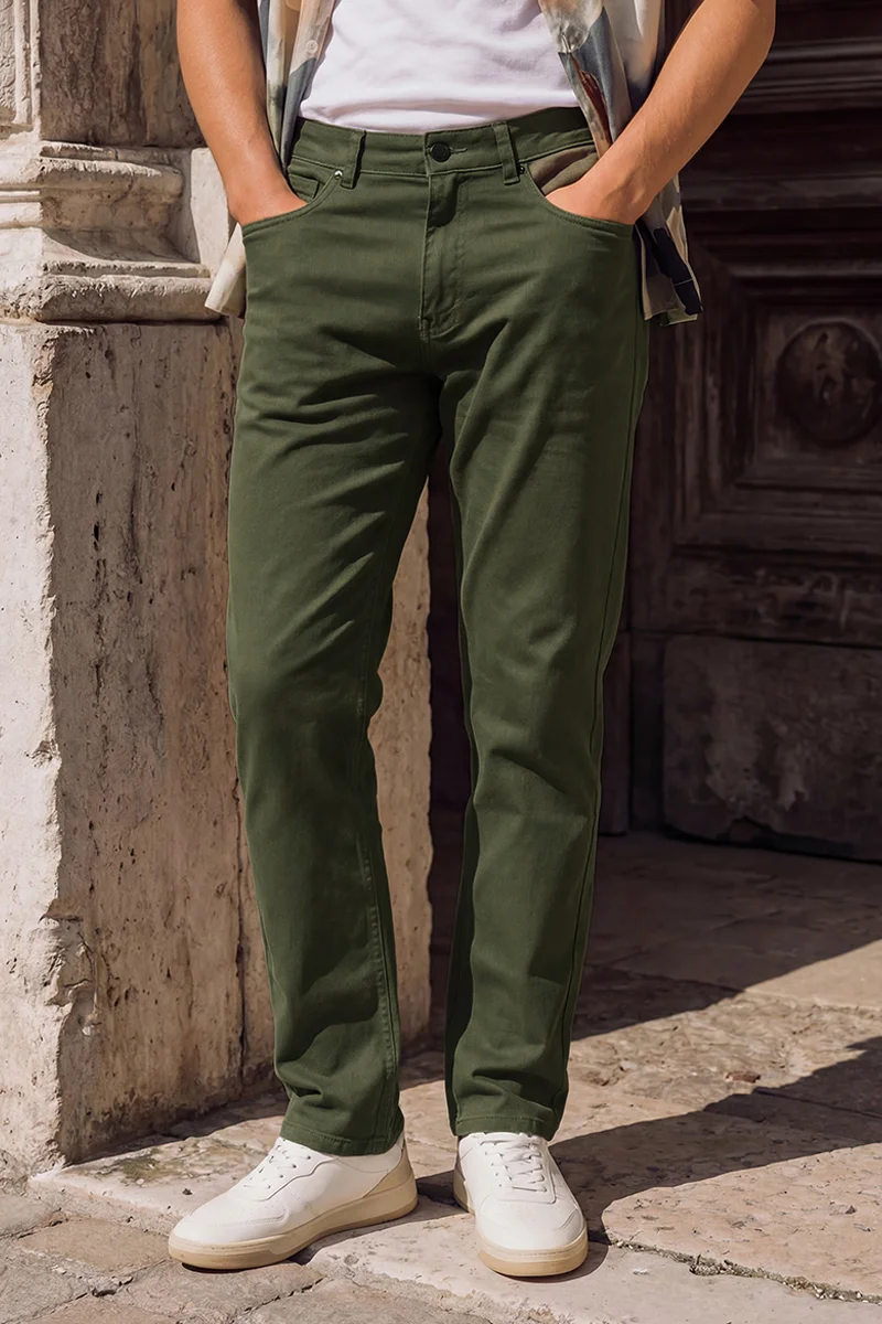 سنيتش Olive Solid Regular Fit Casual Trousers