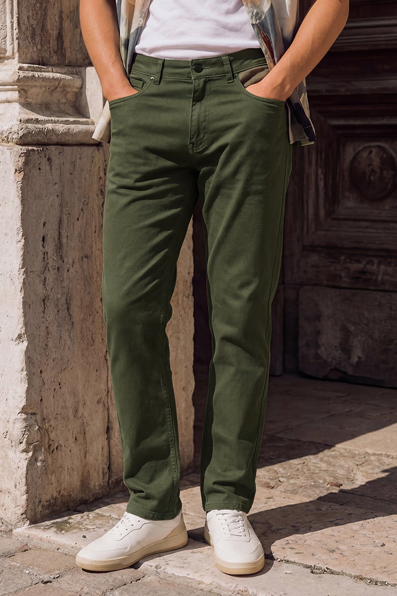SNITCH Olive Solid Regular Fit Casual Trousers - Image 1