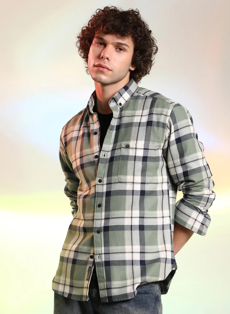 كامبوس سوترا Men's Sage Green Shadow-Checkered Shirt
