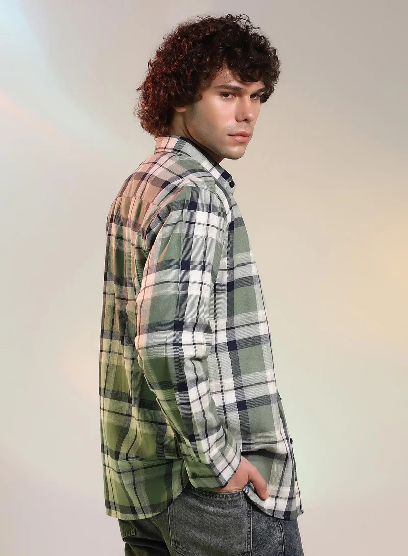 كامبوس سوترا Men's Sage Green Shadow-Checkered Shirt